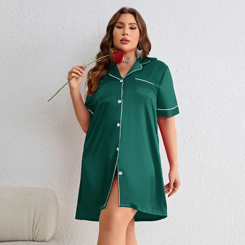 XL-5XL Large Size Dressing Gown Lapel Women Short Sleeve Robe Shirt Nightgown Summer Bathrobe Sleepdress Nightwear Loungewear