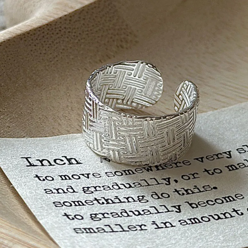 

925 Sterling Silver Rings For Women Geometric Fine Jewelry Finger Adjustable Wide Strip Ring For Party Birthday Gift