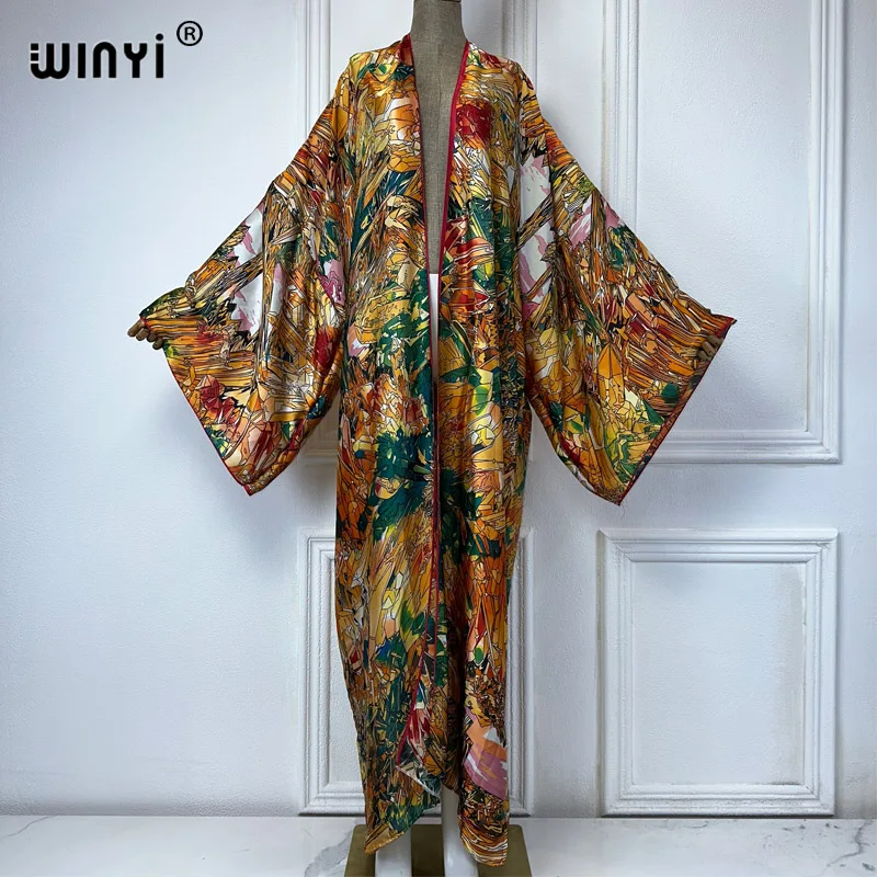 WINYI Kimono kobiety lato nowy nadruk sweter z długim rękawem bluzka damska luźna abaja narzutka plażowa sukienka boho impreza kaftan