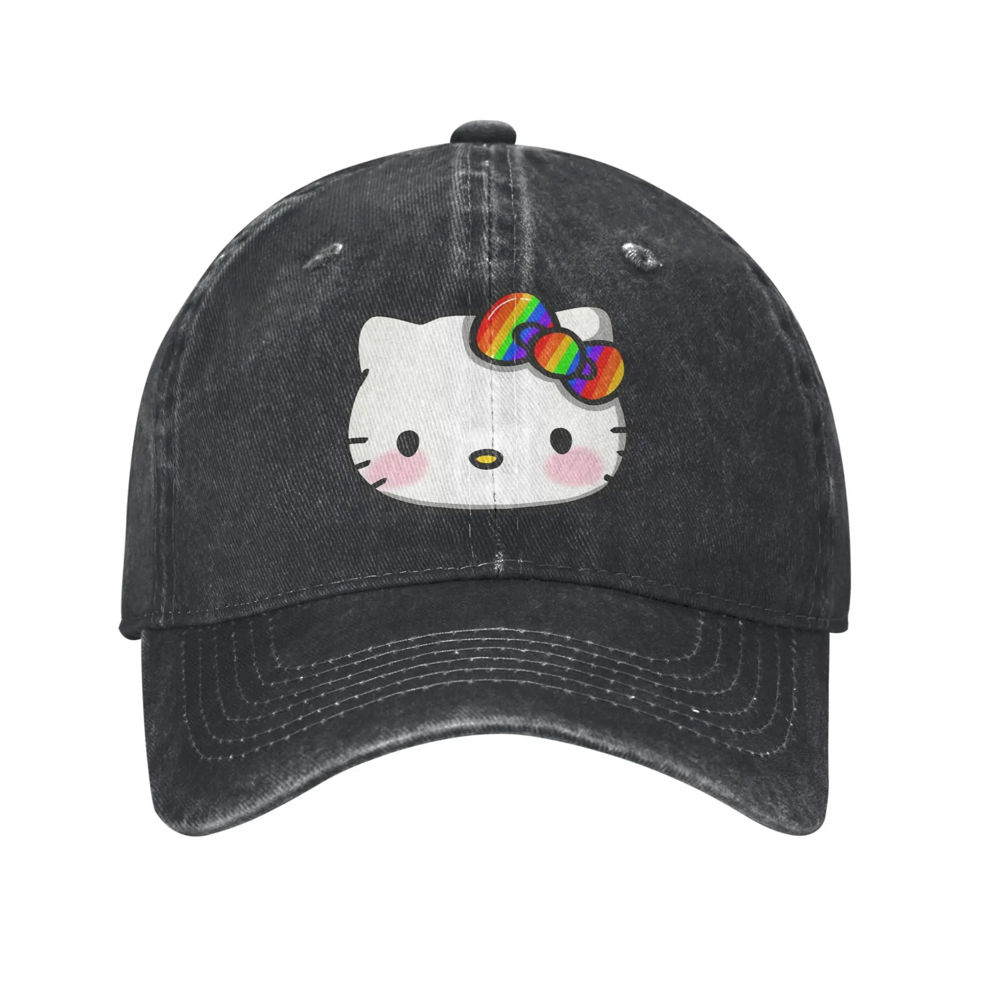 Washed Baseball Cap Hello kitty rainbow bow Spring Trucker Hat For Women Men  Design Print Hiking Fishing Sun Baseball Caps