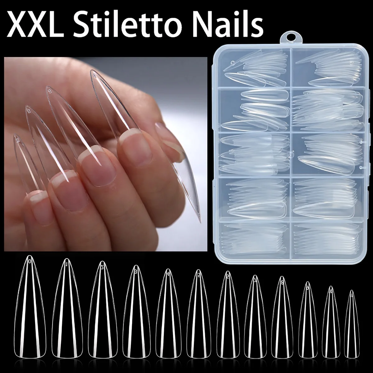 120Pcs extra long ballet press-on false nails, extra long stiletto shape, full cover glossy basic XXL nail tips, transparent whi