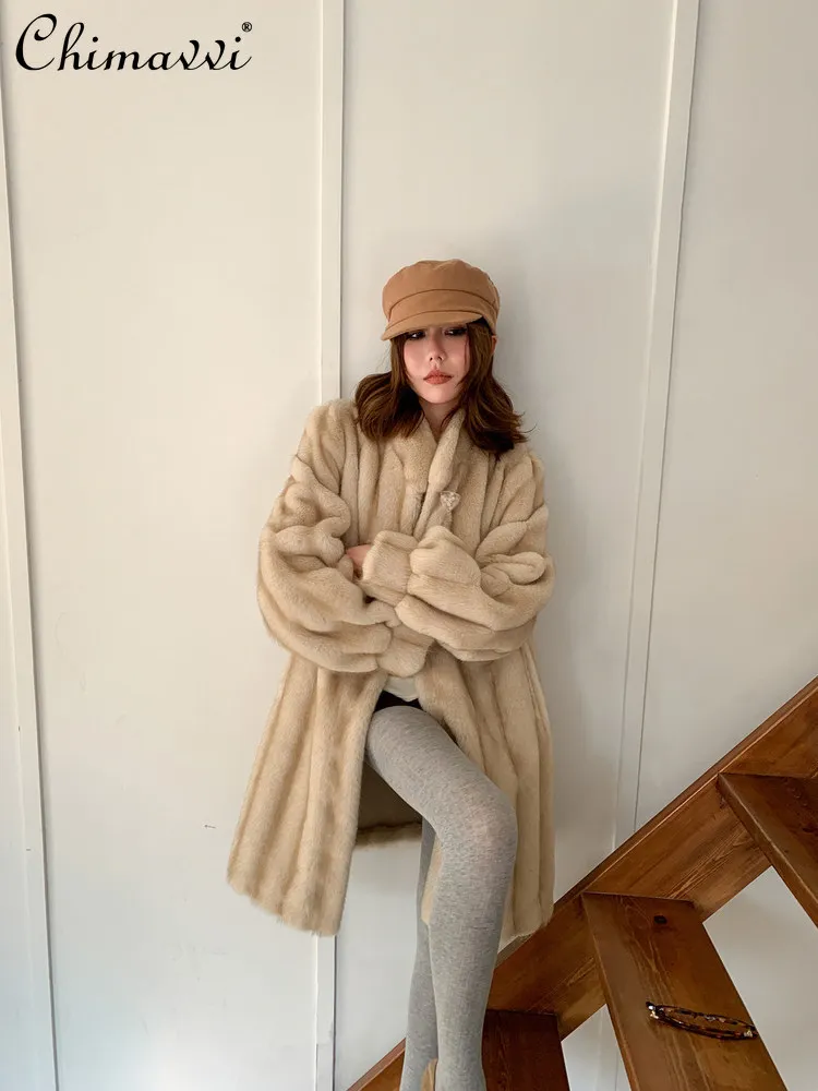 고급 패션 모조 밍크 퍼 코트 여성용 가을 겨울 신상 따뜻한 긴 소매 중간 길이 스탠드 칼라 우아한 퍼 재킷