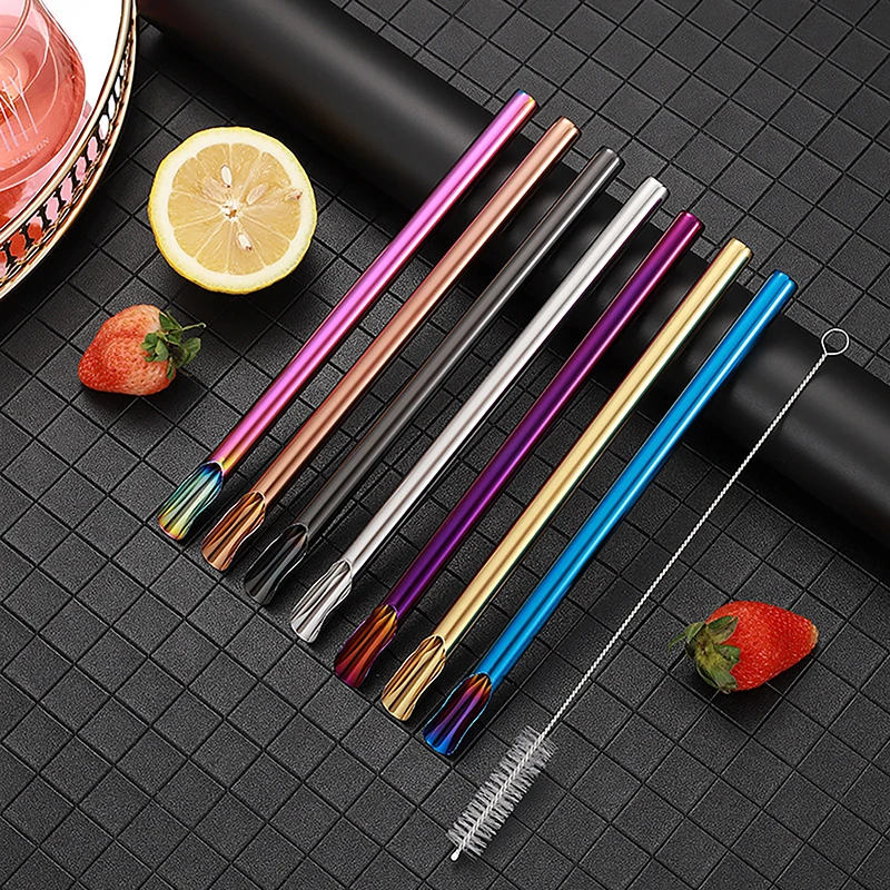 1Pc Reusable Stainless Straw Spoon Durability Drinking Straw Stainless Steel Stirring Spoon Bar Creative Colorful Straw