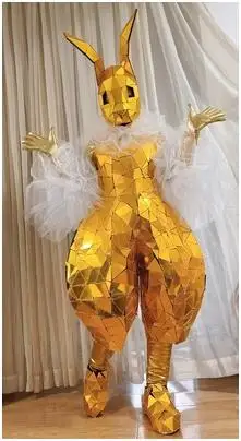 Gold rabbit mirror costume Stage show MEN WOMEN halloween party cosplay costumes Silver mirror performance suit Animal performan