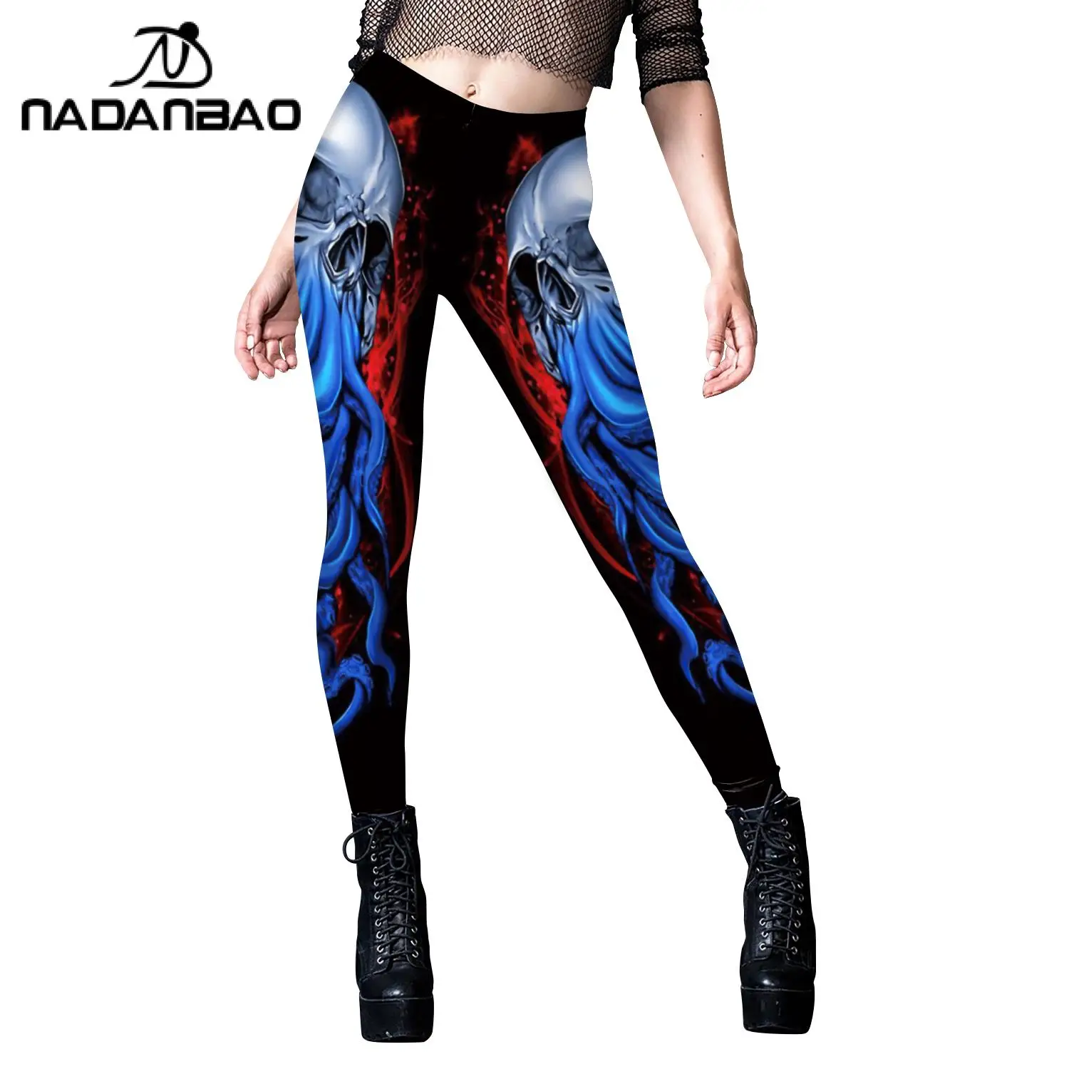 NADANBAO Skull Leggings Halloween Sexy Tights Party Wear Fake Clip Print Trousers Mid Waist Workout Pants Women Bottom Clothing