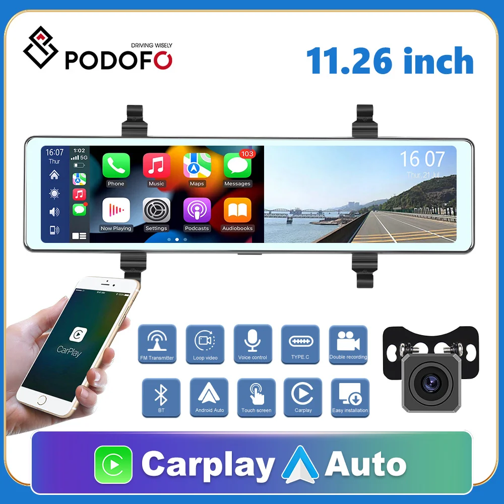 Podofo 11.26 inch CarPlay Mirror Recording Android Auto Wireless Connection WiFi GPS Car Navigation Dashboard DVRs