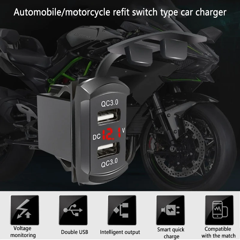 Car Dual USB 3.0 Fast Charge Switching Charger With Voltage Display Black For Car Motorcycle Boat