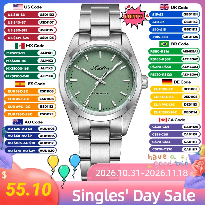 ADDIES AW25903 Japan 2035 Sapphire Glass Watches Waterproof Stainless Steel Women's Quartz Watch BGW9 Super Luminous Wristwatch