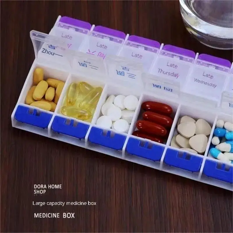 Pill Box Push Type 14 Compartment Pill Box Weekday Elderly People Take Pills Morning And Evening Split Pill Boxes Portable