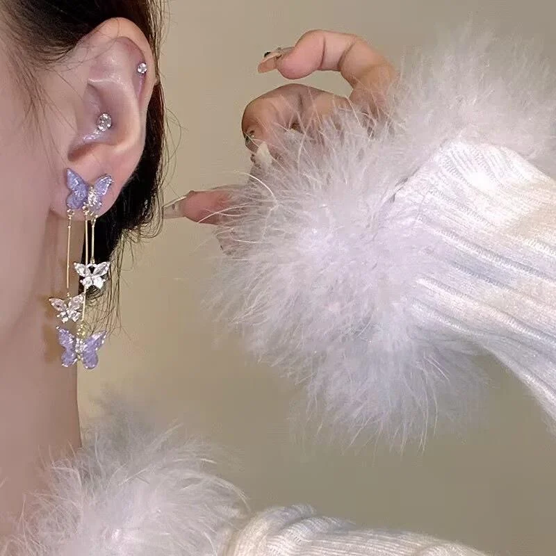 Romantische lila Schmetterling Tropfen Ohrringe für Frauen glänzende Strass Kristall lange Quaste Ohrringe zarte Hochzeit Party Schmuck – Detail 9