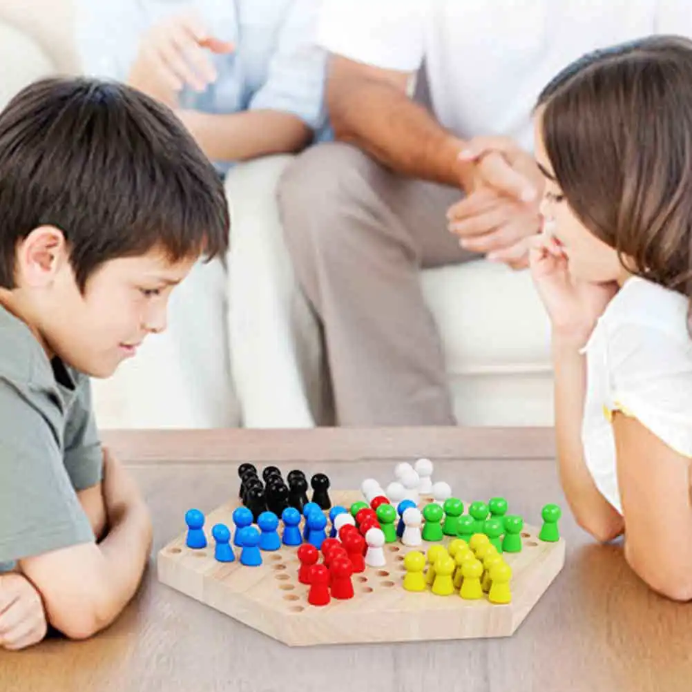 

1Pcs Wooden Chinese Checkers Game for Parent- Interaction Playtime Log Color Hexagon Checkers