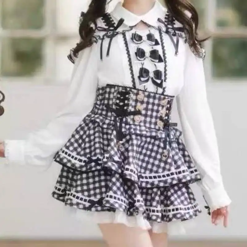 Japanese Women Sweet Lolita Off Shoulder Blouse White Long Puff Sleeve Shirt Pink Bow Rhinestone Lace Ruffle Girly Kawaii Top