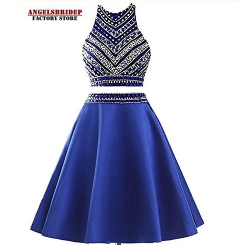 

2 Pieces High-Neck Homecoming Queen Dresses Party Prom Gown Sparkly Beading Satin Junior Graduation Vestidos De Gala Zipper Back