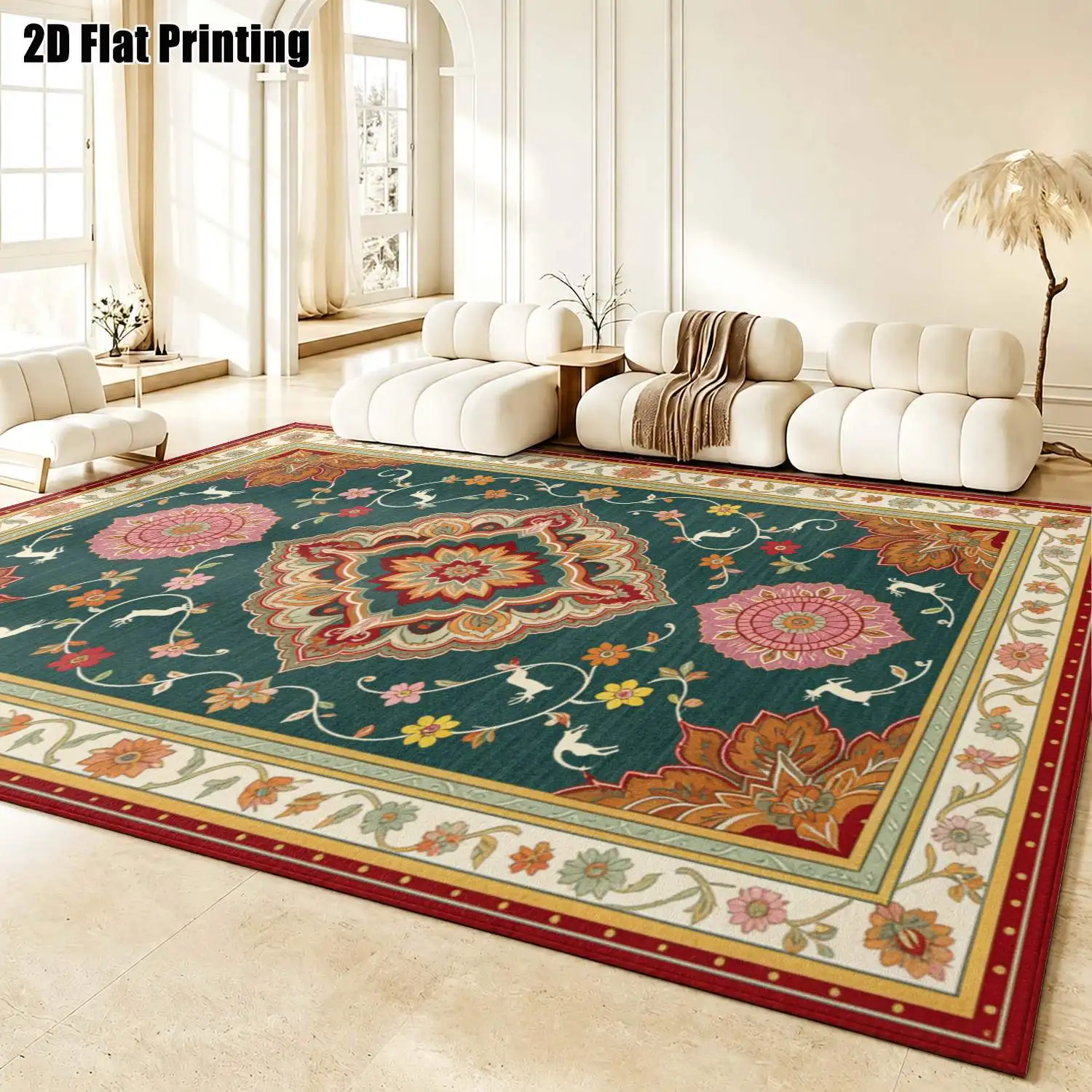 1Pc 2D Printed Retro Ethnic Floral & Animal Pattern Carpets: European, Bohemian Style, Home Decor, Multi-Size, Machine Washable, for Entrance, Dining, Foyer, Bedroom, Study, Living Room