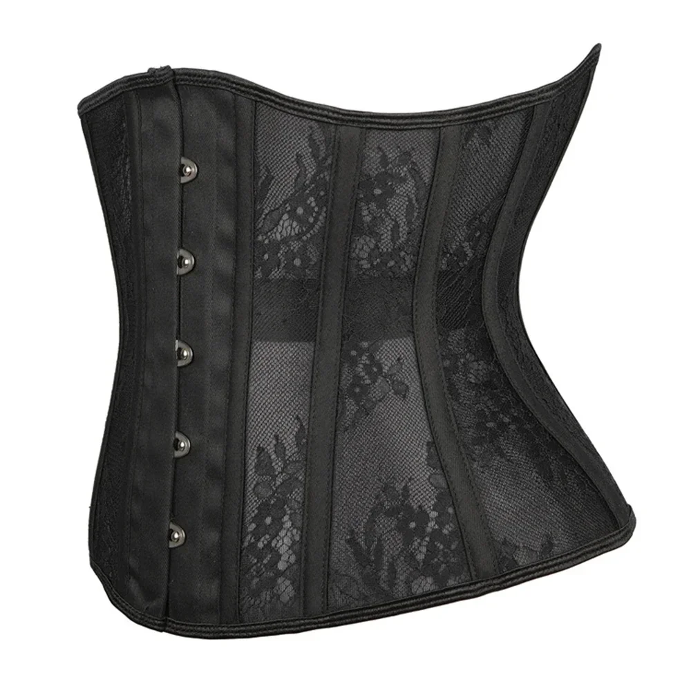 Women Short Torso Waist Corselet Gothic Bustier Sexy Mesh Lace Waist Trainer Slimming Underbust 14 Steel Boned Corset Black