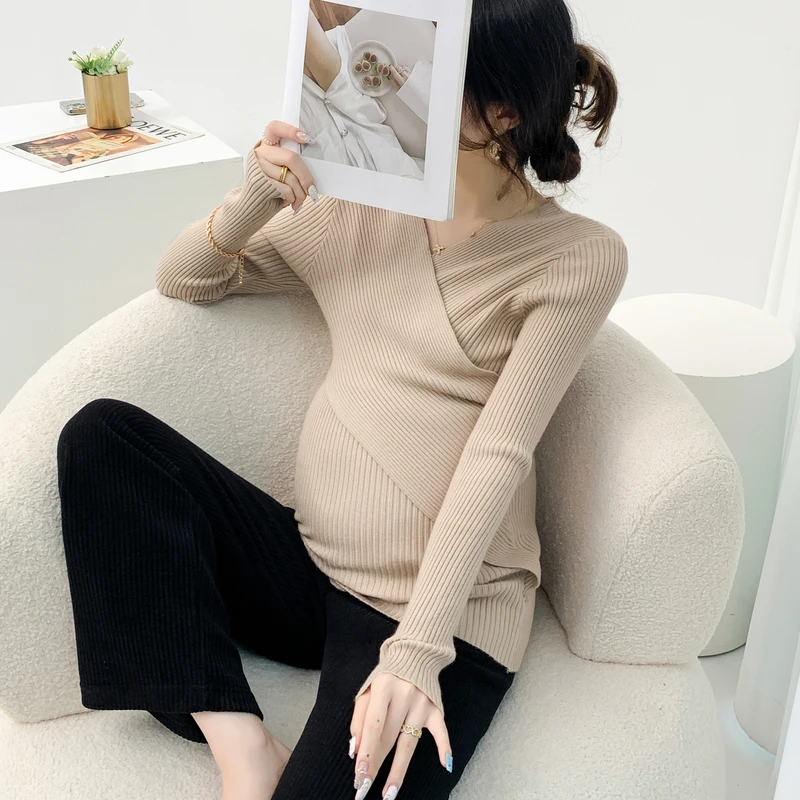 Across V neck Knitted Nursing Sweaters Maternity Autumn Winter Slim Fit Soft Breastfeeding Pullovers for Pregnant Women Youth