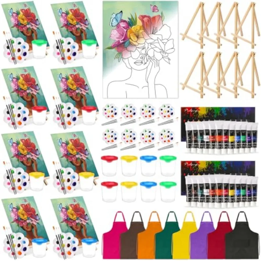 

8 Set Paint and Sip Kit for Adults 8'' x 10'' Pre Drawn Canvas with Wooden Easels Acrylic Paint Brushes Wash Cup Palette Apron