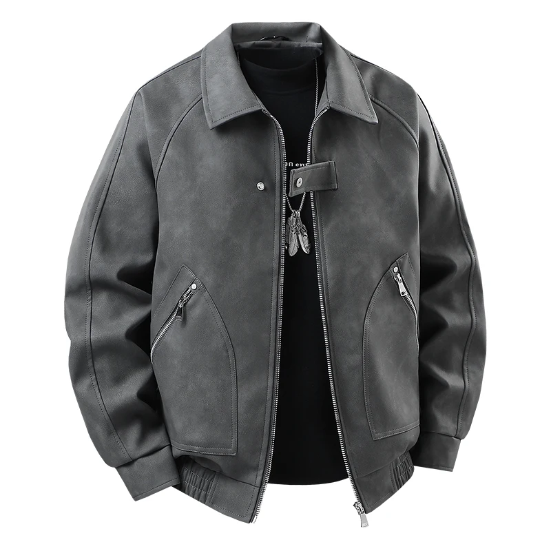 American-style retro leather jacket with a lapel L-8XL size, casual motorcycle-style fleece-padded leather coat for couples men
