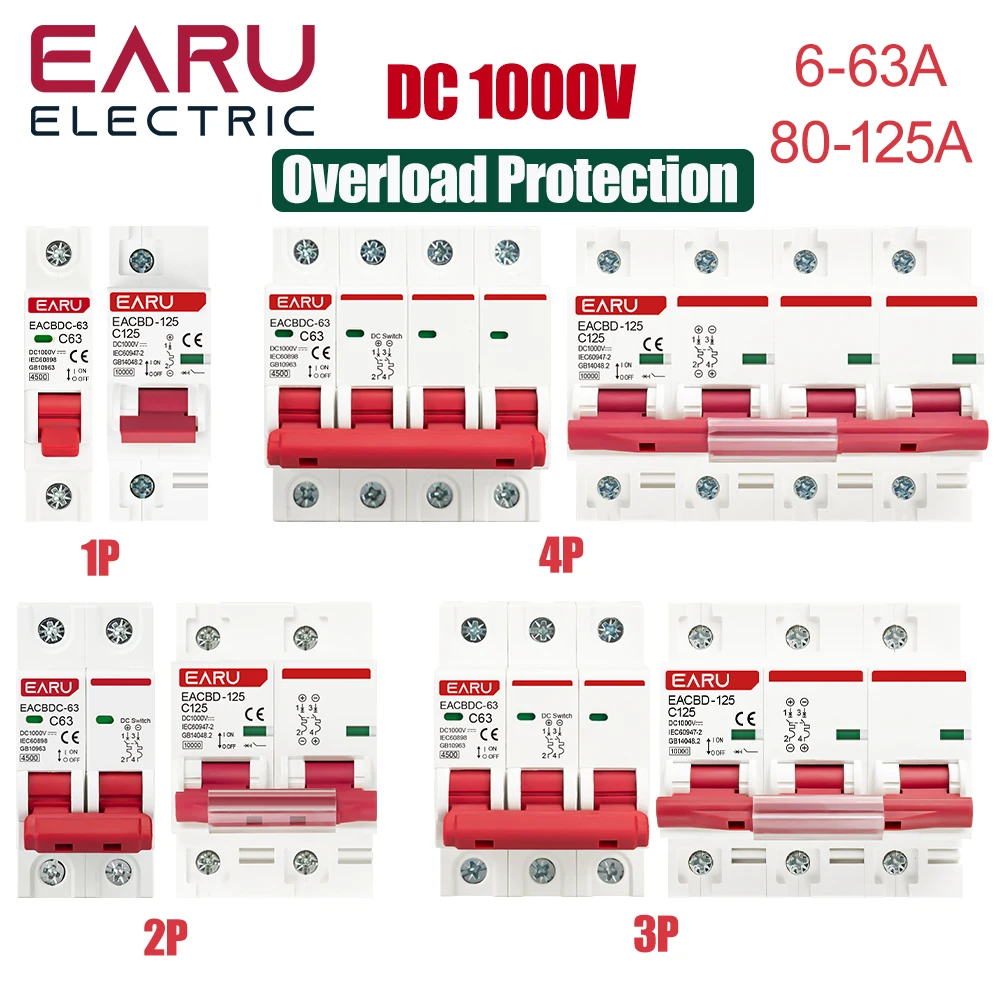 DC 1000V 1P 2P 3P 4P Solar Mini Circuit Breaker Przełącznik zabezpieczający przed przeciążeniem 6A~63A/80A 100A 125A MCB do fotowoltaicznego systemu fotowoltaicznego