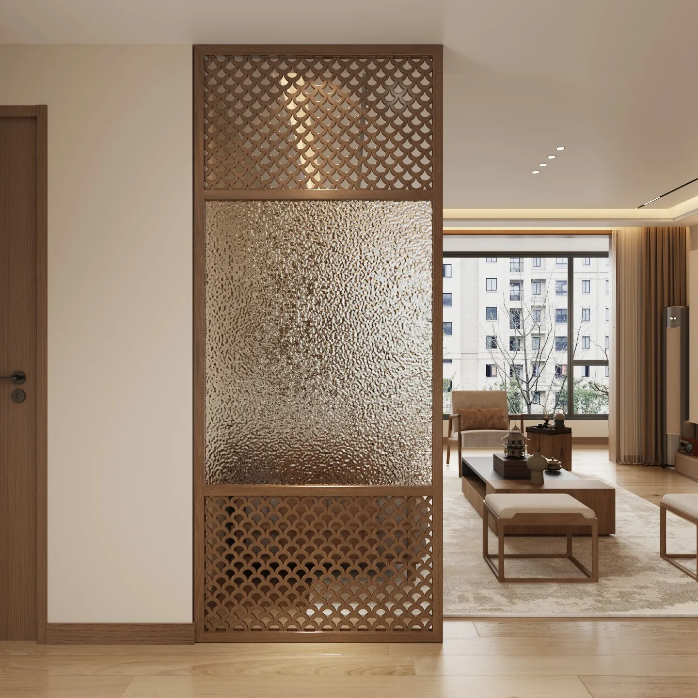 Song Dynasty aesthetics, new Chinese-style screen glass partition, living room entry, residential block entrance, modern simplic