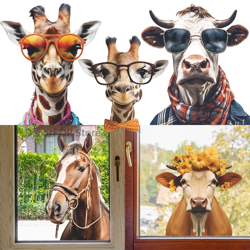 Funny Cow Horse Giraffe Cattle PVC Window Wall Stickers Hand Drawn Animals Farmhouse Decor DIY Living Room Home Decoration Mural