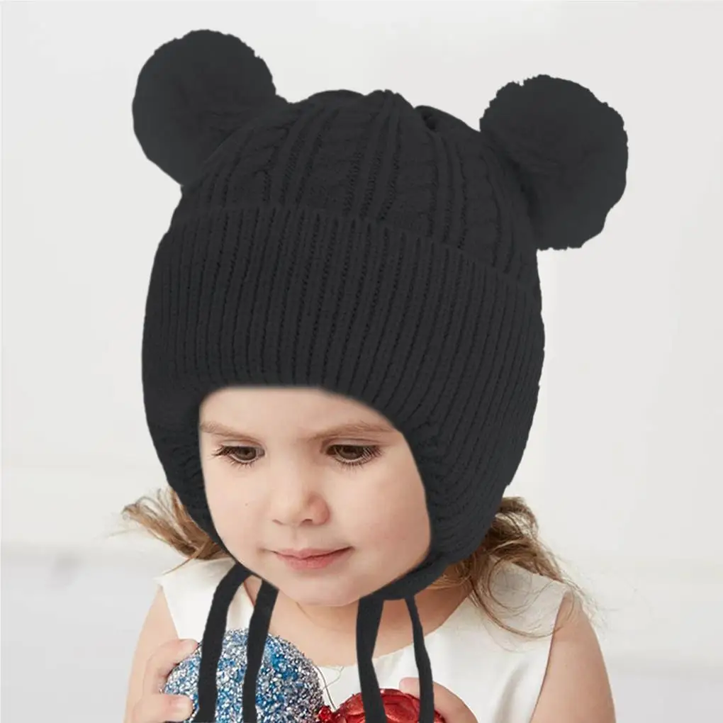 Babies Winter Beanie Outdoor Indoor Thermal Thermal Headgear Solid Color Boys Girls Plush Ball Knit Hat Head Warmer image 5
