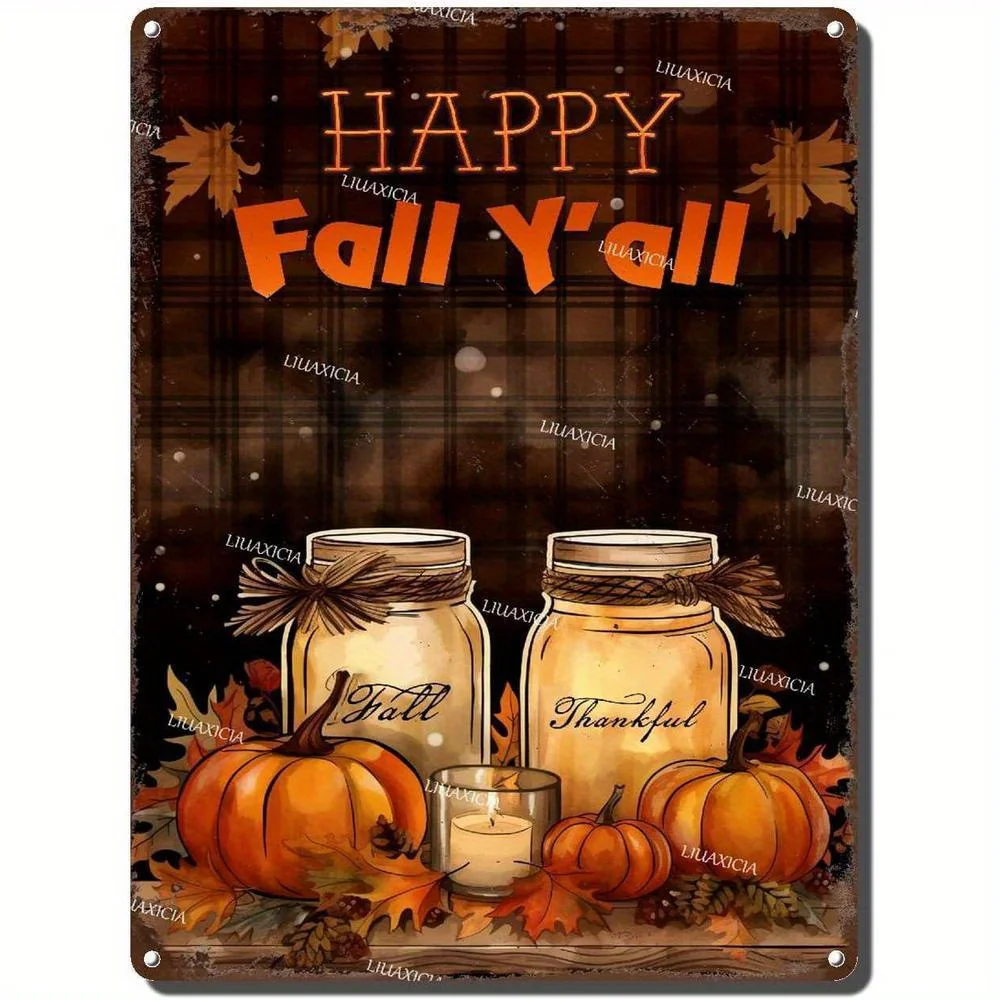 Vintage Fall Harvest Metal Wall Art Sign - Rustic Pumpkin & Mason Jar Decor with 
