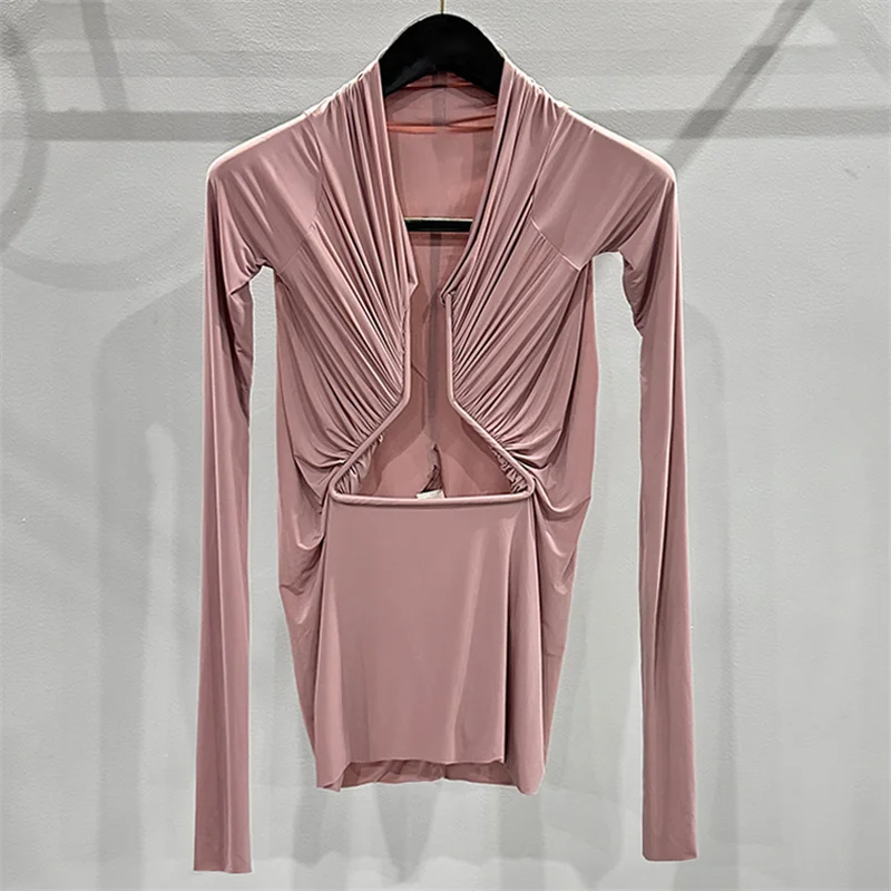 

Women's t-shirt New elastic slim fit square neck long sleeved top for summer 2025 Geometric hollow women's corset modal pullover