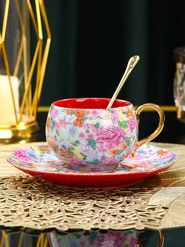 

High-End Ceramic Coffee Cup Set with Plate Single Ear Gold Rim for Wedding Celebration Home Use Elegant Chinese Style
