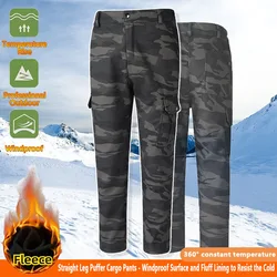 Men's Down Pants Winter Thicken Fleece Straight Leg Puffer Cargo Pants Warm Windproof Outdoor Warm Climbing Ski Trousers