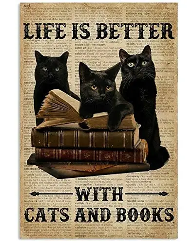 Laquaud Funny Library Bookstore Decor Life is Better with Cats and Books Retro Metal Tin Sign Vintage Sign for Home Coffee  sign