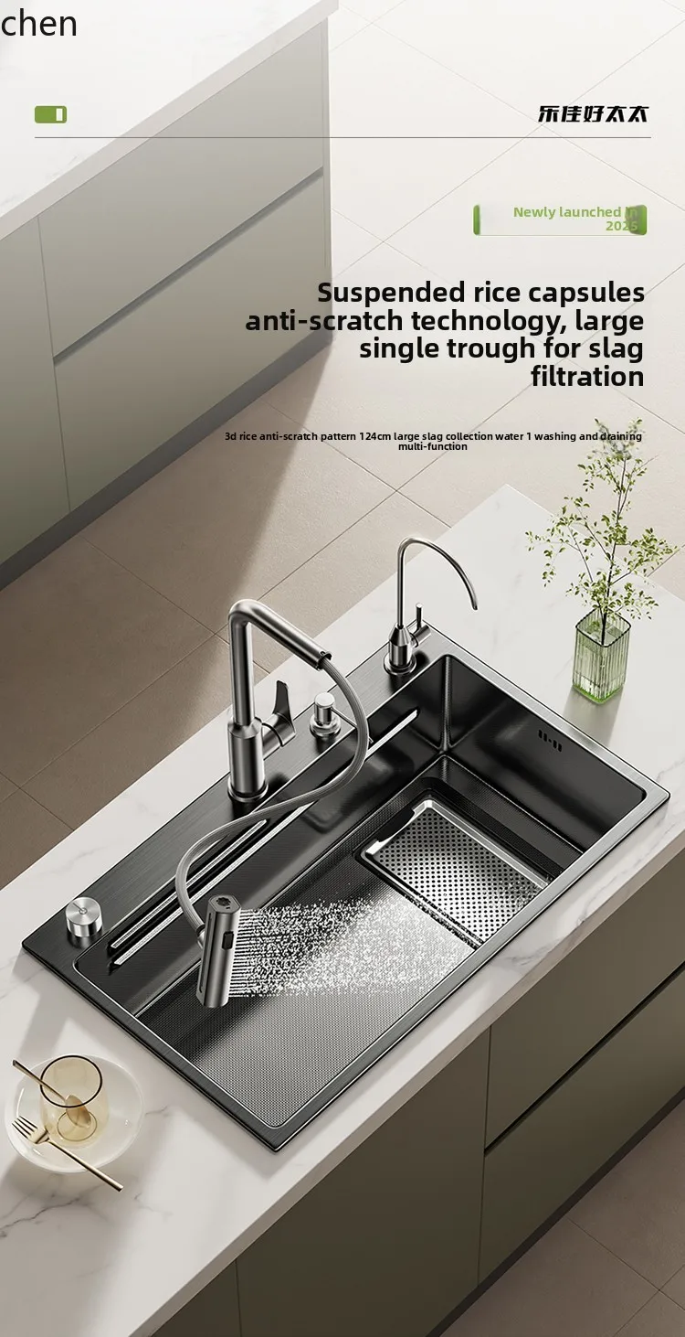 

HTT Thickened 304 Stainless Steel Sink, Kitchen with Residue Catcher, Large Single Bowl Household Vegetable Washing Basin,