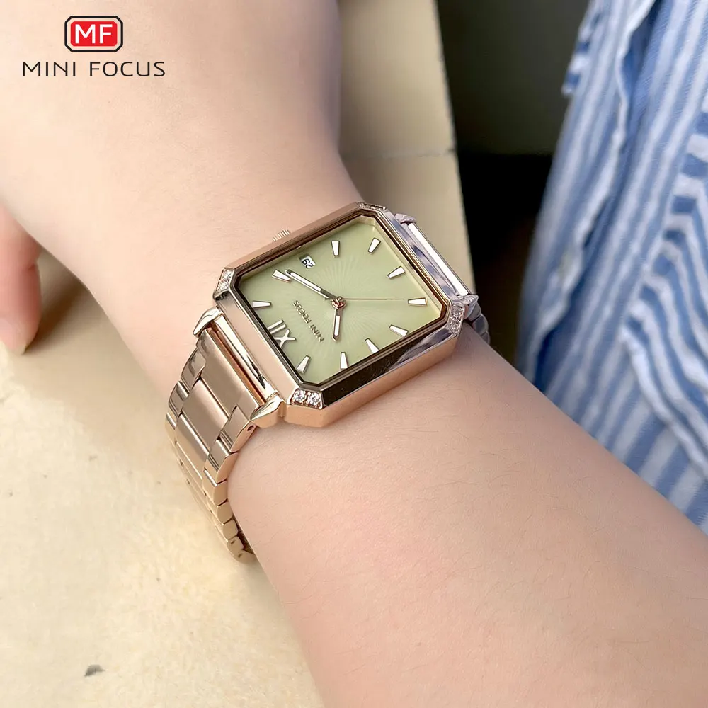 MINI FOCUS Square Dial Quartz Watch Women Fashion Analog Wristwatch with Luminous Hands Date Rose Gold Stainless Steel Band 0472