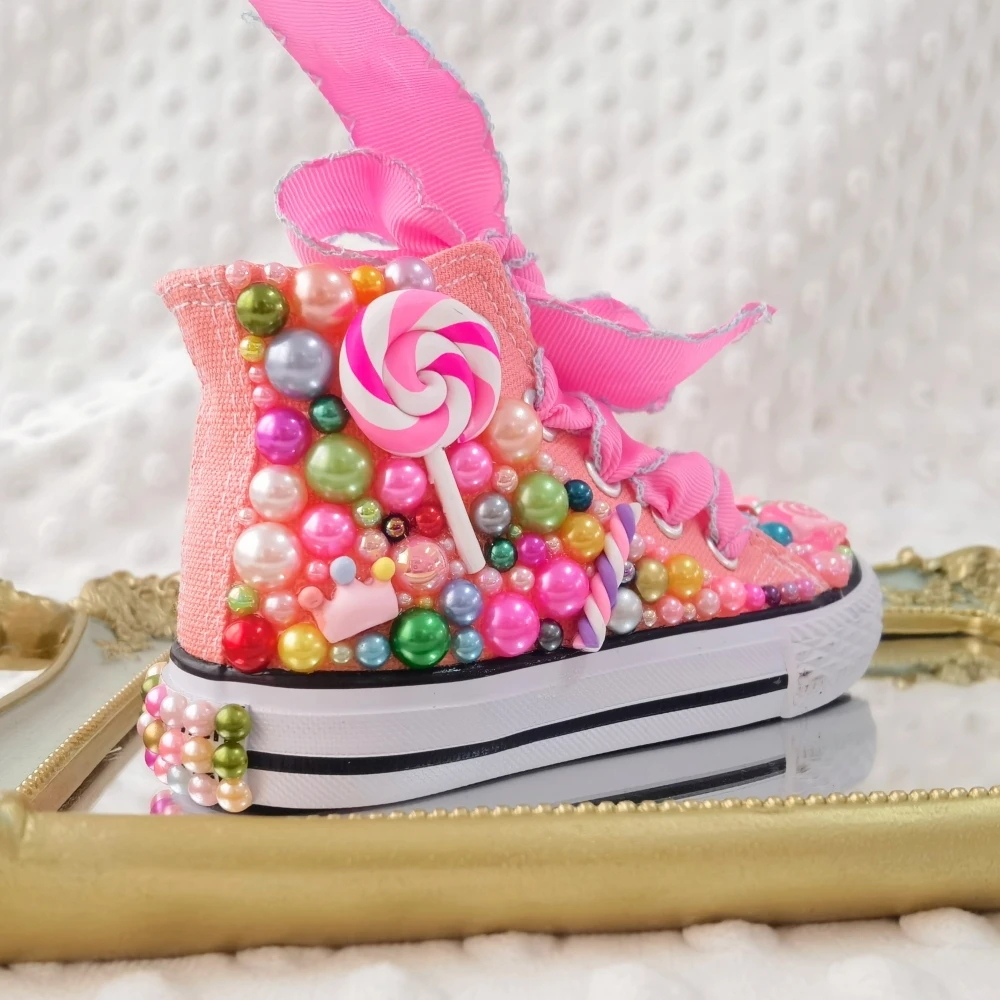 Kids Shoes Name Photo Custom Design For Girl Birthday Party Canvas Dollbling Handmade Bling Rainbow Pearls Sneakers