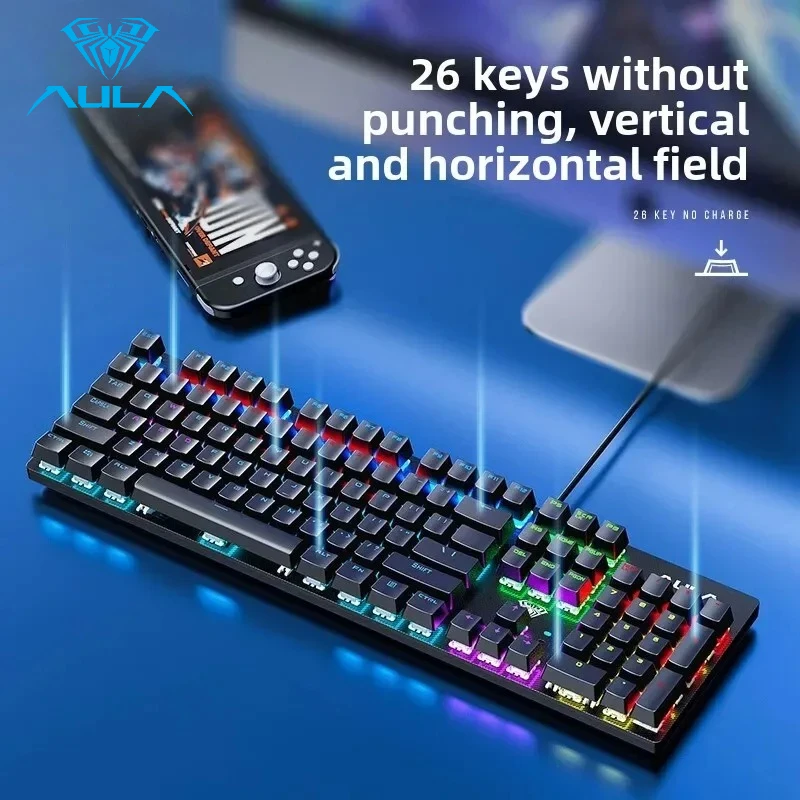 AULA S2022 Wired Gaming Keyboard Ergonomics Backlight 104 Keys Blue Switch ABS Keycaps Esports Keyboard for PC Game Accessories