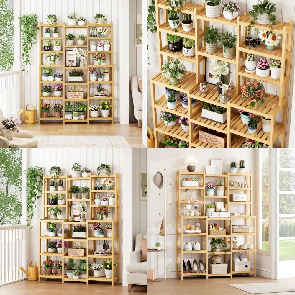 

7-ярусная бамбуковая полка-лестница - угловая подставка для растений с регулируемыми уровнями для домашнего декора и хранения