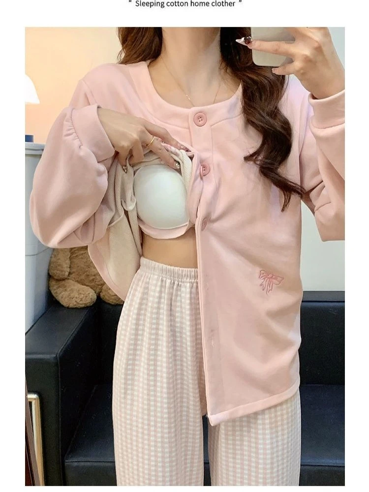 

Korean Sweet Cashmere Pajamas Women Winter Home Clothes with Chest Pad Cartoon Plaid Long Sleeves Trousers Thickened Warm Outfit