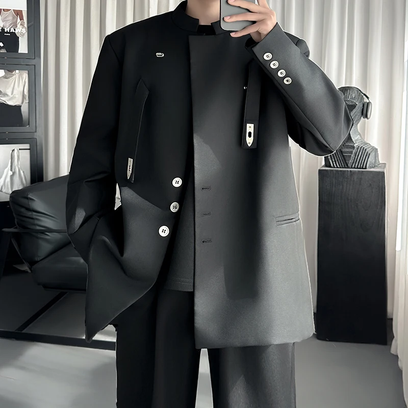 

TANGZ STUDIO Improved New Chinese Sle Stand Collar Men's Suit Casual Loose Outerwear with Metal Bules