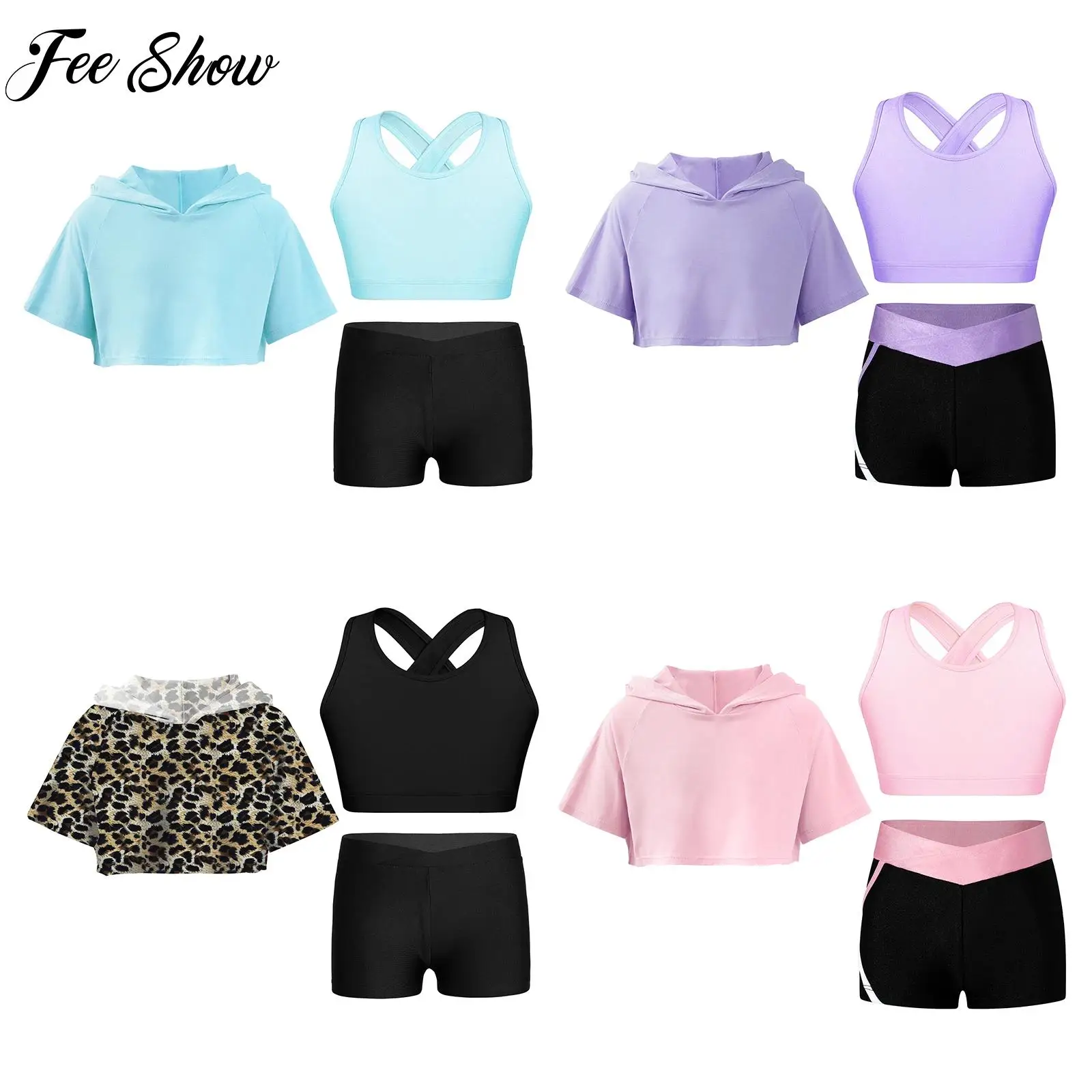 3Pcs Girls Sports Set Vest+Hooded Crop Top+Shorts Sportswear Set for Child Dance Yoga Running Cycling Workout Costume Activewear