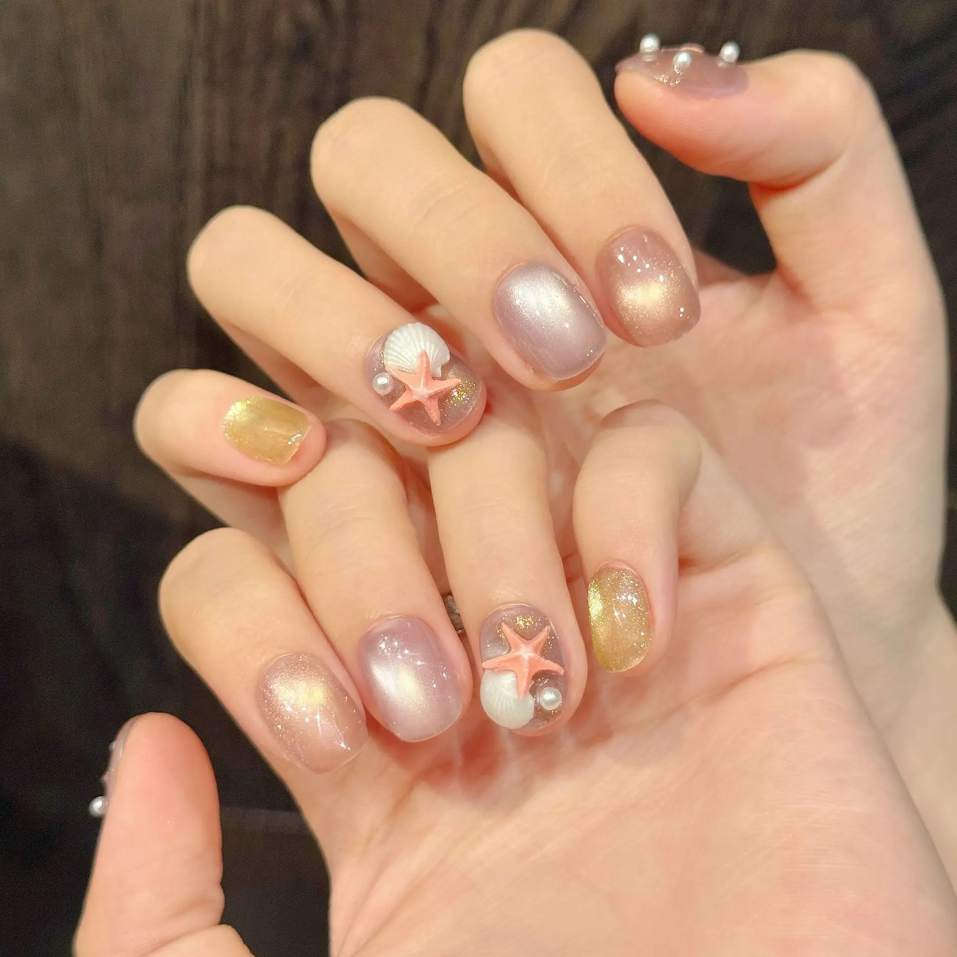 10 Uds. De uñas postizas con ojos de gato y purpurina, uñas postizas redondas cortas y bonitas, reutilizables, hechas a mano, decoración de perlas de estrella de mar, prensa en las uñas