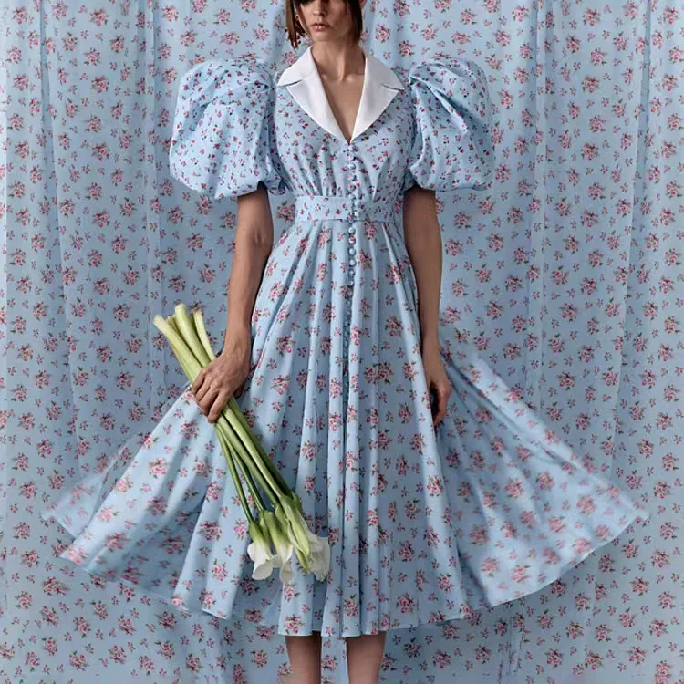 

Faion Print Dr Одиночная пуговица ort Sve Long Dr Bubble Sve Sweet Юбка-трапеция с высокой талией Повседневная одежда Deep V Ne