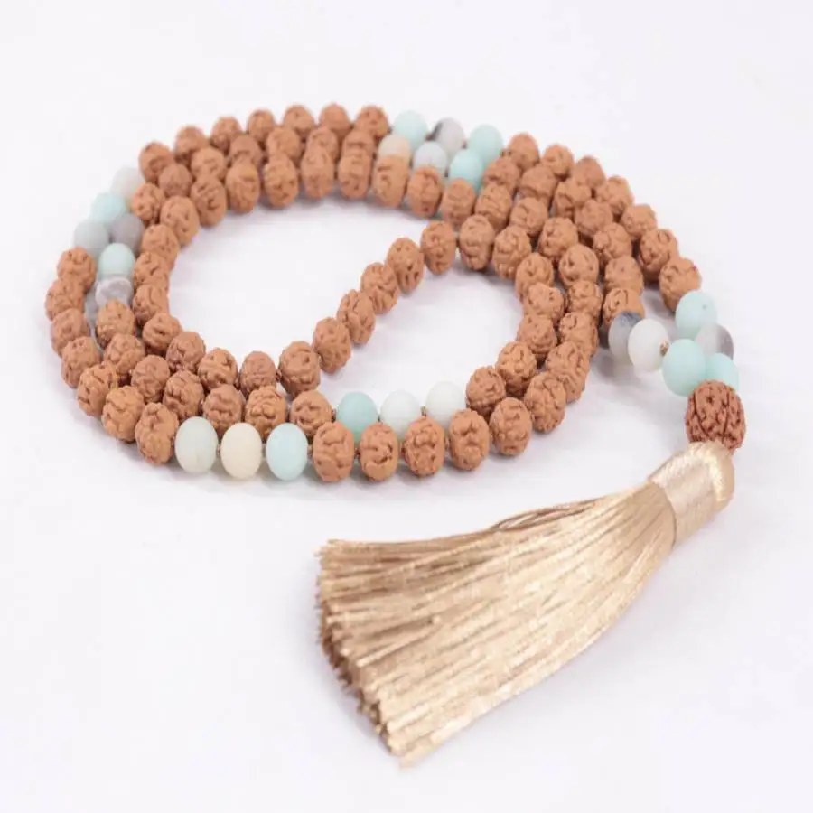 

Natural Rudraksha 108 Beads Mala Necklace with Amazonite & White Jade Spacers