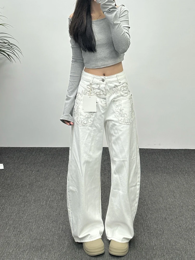 Retro American White Embroidered Wide Leg Jeans Women's Loose Slim Straight Floor-Length Pants Casual Soft Denim Natural Waist