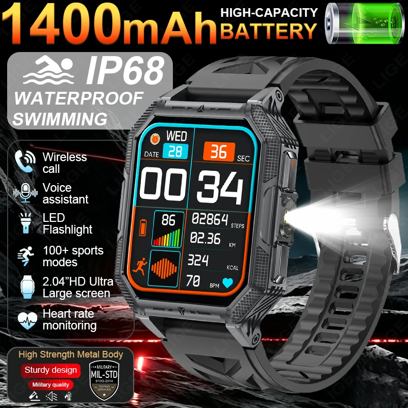 LIGE New Durable 1400mAh Battery T-REX3 Ultra Smart Watch IP68 Waterproof Flashlight 2.04