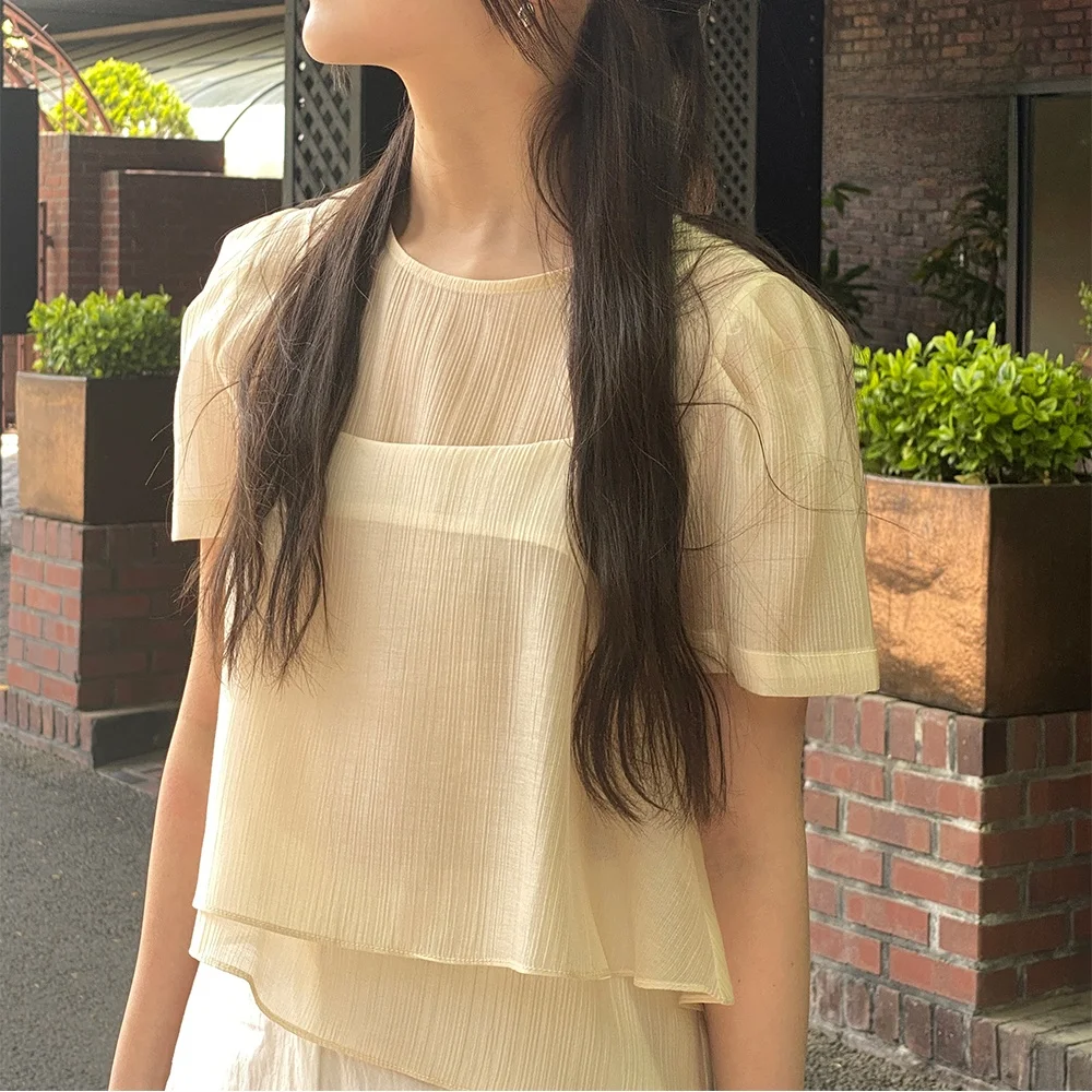 

Unique Women's Summer 2025 Korean Style See-through Chiffon Tank Top Strap Vest Two-piece Set Sweet Loose Fit Short Sleeve
