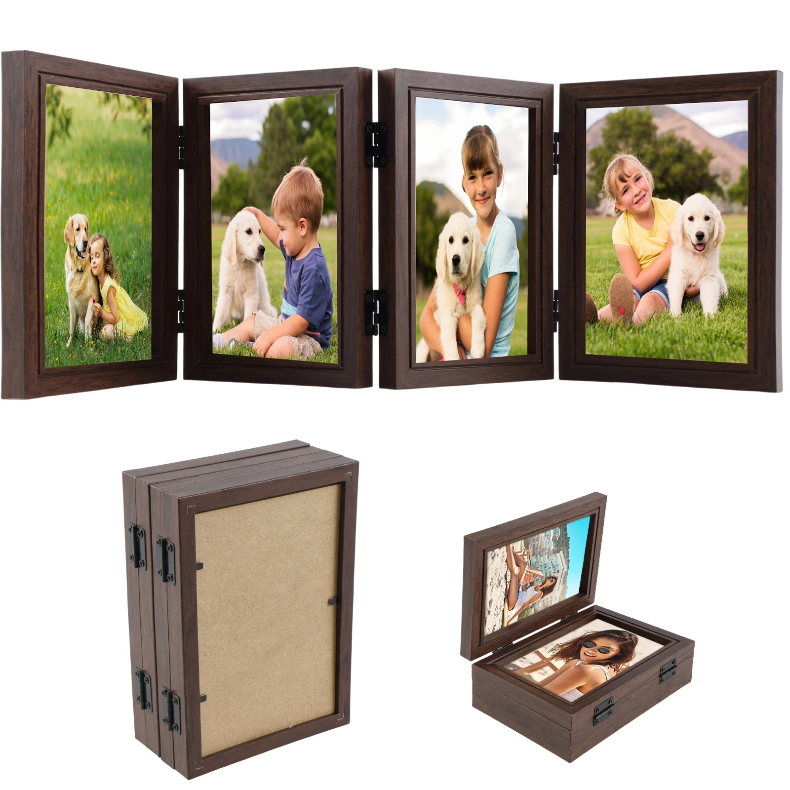 Hinged Picture Frames 4x6 inch Foldable Photo Frame with High Definition Glass 4 Opening Photo Frame Black/Coffee Color Picture