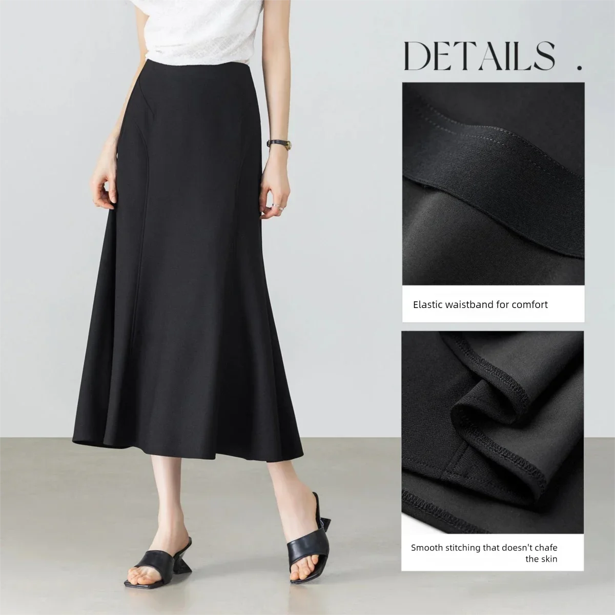 SENTUBILA Women's Midi Black Skirt 2026 Summer Elegant Fashion Elastic High Waist Mermaid Skirt for Woman Clothing W62QH6854