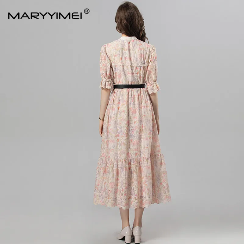 MARYYIMEI-Robe en dentelle à simple boutonnage pour femme, robe évasée, streetwear élégant, broderie, été