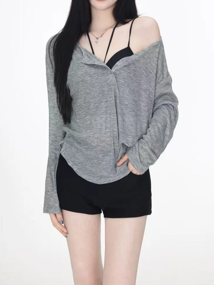 Girls Solid Casual Long Sleeved T-shirt Women\'s Smock Tops Sexy Thin Transparent Tee Shirts Korean Loose T-shirt Streetwear