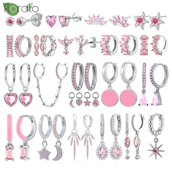 925 Sterling Silver Needle Cute Pink Zircon Pendant Earrings Trend 18K Gold Color Small Hoop Earrings for Women Wedding Jewelry